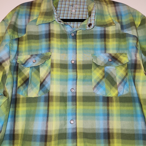 Mountain Hardwear Short Sleeve Pearl Snap Shirt Size XL Green/Blue/Brown Plaid - Picture 3 of 16